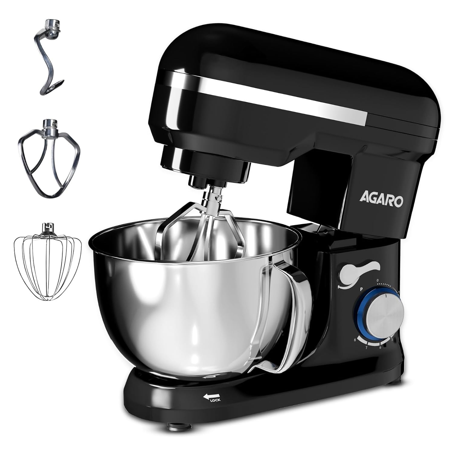AGARO Royal black stand mixer with stainless steel bowl and attachments