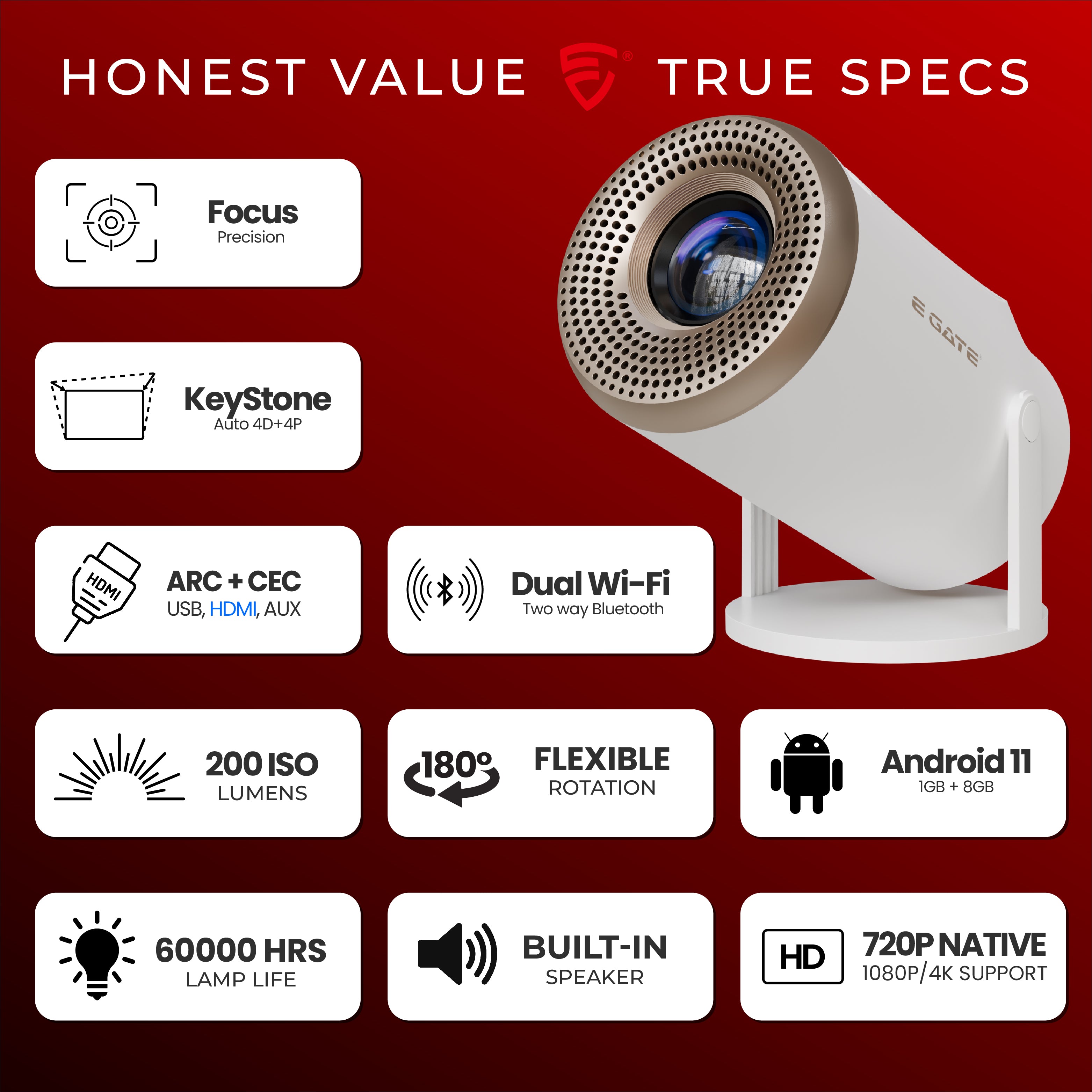 White E GATE Atom 2X Plus smart projector with rotating stand