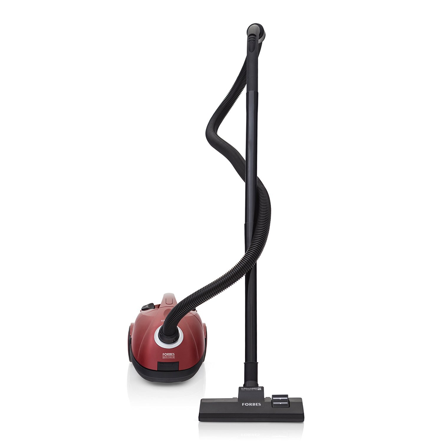 Red Eureka Forbes Quick Clean DX canister vacuum cleaner with hose and floor head