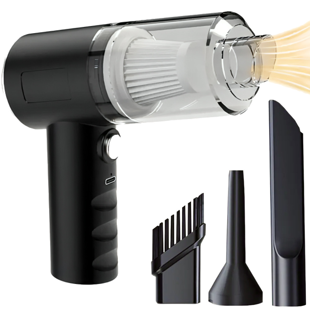 Black portable three-in-one handheld car vacuum cleaner with attachments